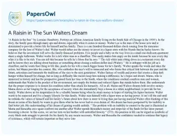 Essay on A Raisin in the Sun Walters Dream