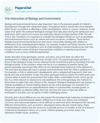 Essay on The Interaction of Biology and Environment