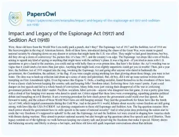 Essay on Impact and Legacy of the Espionage Act (1917) and Sedition Act (1918)