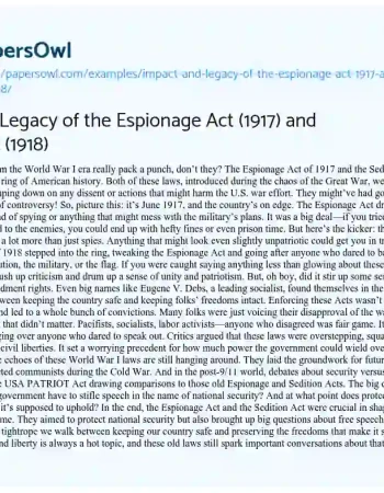 Essay on Impact and Legacy of the Espionage Act (1917) and Sedition Act (1918)