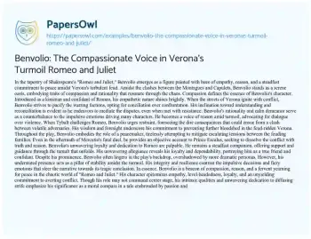 Essay on Benvolio: the Compassionate Voice in Verona’s Turmoil Romeo and Juliet