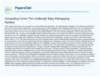 Essay on Unraveling Crime: the Lindbergh Baby Kidnapping Mystery