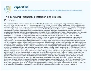 Essay on The Intriguing Partnership: Jefferson and his Vice President