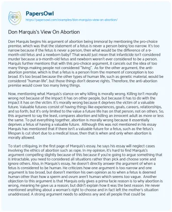 Essay on Don Marquis’s View on Abortion