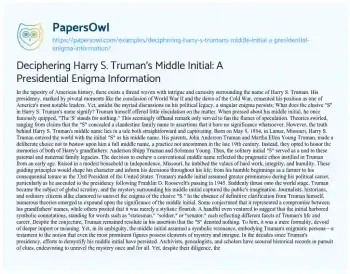 Essay on Deciphering Harry S. Truman’s Middle Initial: a Presidential Enigma Information