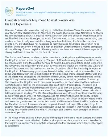 Essay on Olaudah Equiano’s Argument against Slavery was his Life Experience