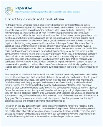 Essay on Ethics of Gay – Scientific and Ethical Criticism