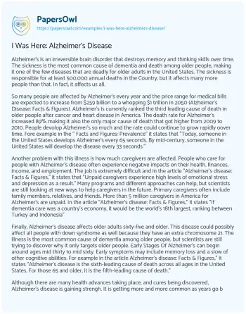 Essay on I was Here: Alzheimer’s Disease