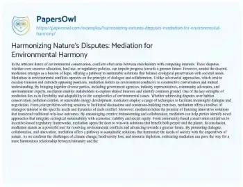 Essay on Harmonizing Nature’s Disputes: Mediation for Environmental Harmony