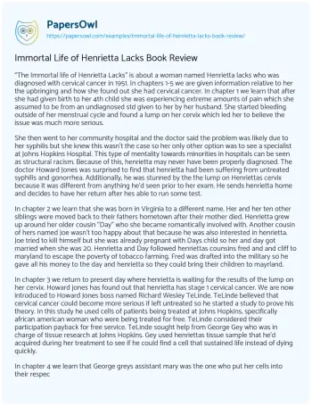 Essay on Immortal Life of Henrietta Lacks Book Review