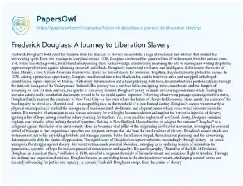 Essay on Frederick Douglass: a Journey to Liberation Slavery