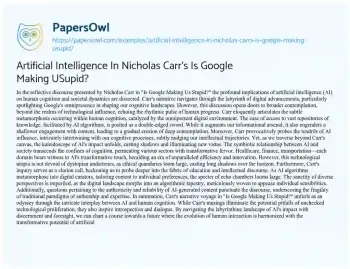 Essay on Artificial Intelligence in Nicholas Carr’s is Google Making USupid?