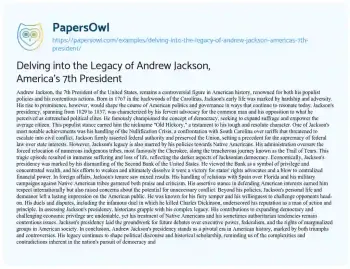 Essay on Delving into the Legacy of Andrew Jackson, America’s 7th President