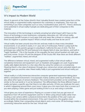 Essay on Vr’s Impact to Modern World