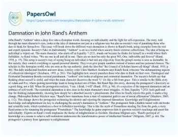 Essay on Damnation in John Rand’s Anthem