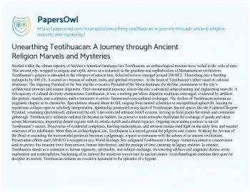 Essay on Unearthing Teotihuacan: a Journey through Ancient Religion Marvels and Mysteries