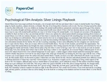 Essay on Psychological Film Analysis: Silver Linings Playbook