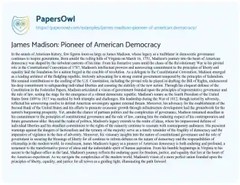 Essay on James Madison: Pioneer of American Democracy