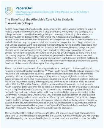 Essay on The Benefits of the Affordable Care Act to Students in American Colleges