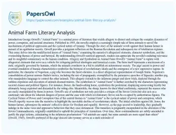 Essay on Animal Farm Literary Analysis