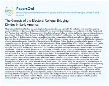 Essay on The Genesis of the Electoral College: Bridging Divides in Early America