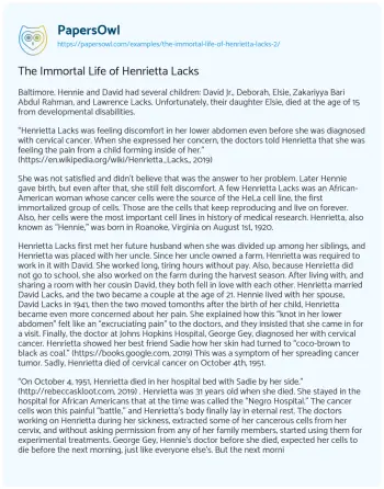 Essay on The Immortal Life of Henrietta Lacks