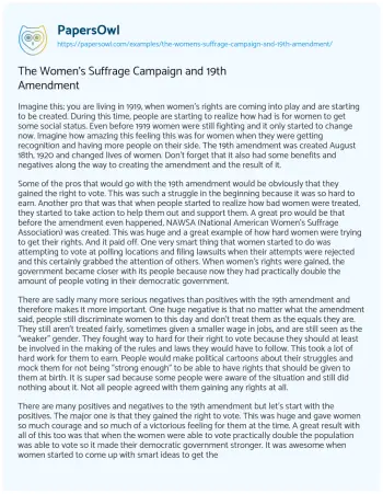 Essay on The Women’s Suffrage Campaign and 19th Amendment