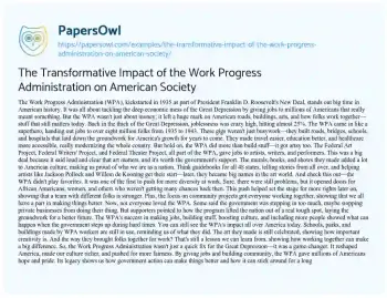 Essay on The Transformative Impact of the Work Progress Administration on American Society