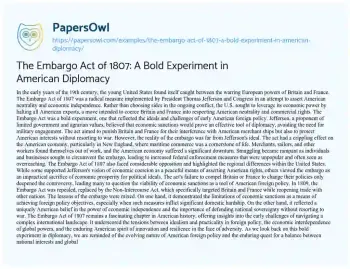 Essay on The Embargo Act of 1807: a Bold Experiment in American Diplomacy