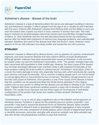 Essay on Alzheimer’s Disease – Disease of the Brain