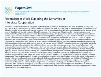 Essay on Federalism at Work: Exploring the Dynamics of Interstate Cooperation