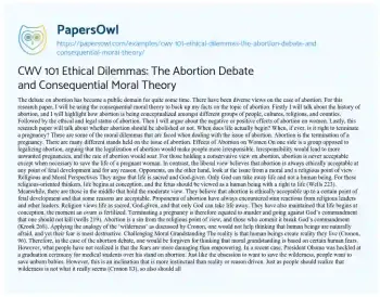 Essay on CWV 101 Ethical Dilemmas: the Abortion Debate and Consequential Moral Theory