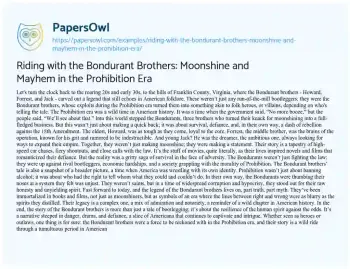 Essay on Riding with the Bondurant Brothers: Moonshine and Mayhem in the Prohibition Era