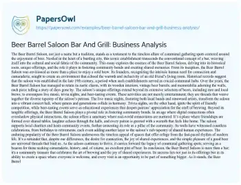 Essay on Beer Barrel Saloon Bar and Grill: Business Analysis