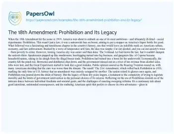 Essay on The 18th Amendment: Prohibition and its Legacy