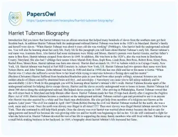 Essay on Harriet Tubman Biography