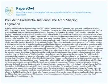 Essay on Prelude to Presidential Influence: the Art of Shaping Legislation