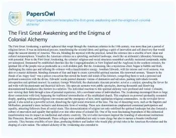 Essay on The First Great Awakening and the Enigma of Colonial Alchemy