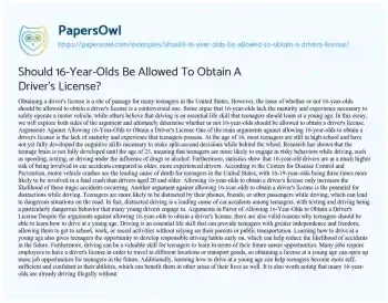 Essay on Should 16-Year-Olds be Allowed to Obtain a Driver’s License?