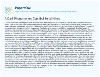 Essay on A Dark Phenomenon: Cannibal Serial Killers