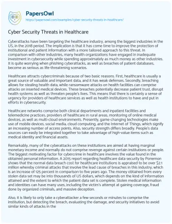 Essay on Cyber Security Threats in Healthcare