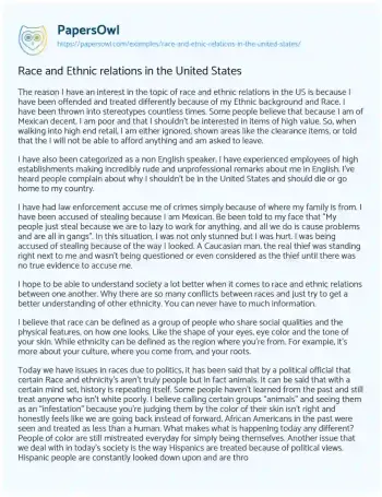 Essay on Race and Ethnic Relations in the United States