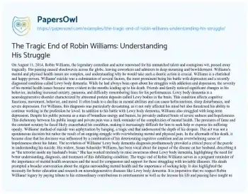 Essay on The Tragic End of Robin Williams: Understanding his Struggle