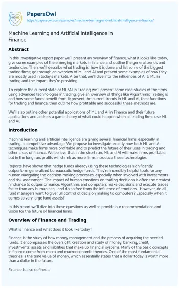 Essay on Machine Learning and Artificial Intelligence in Finance