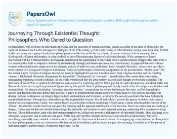 Essay on Journeying through Existential Thought: Philosophers who Dared to Question