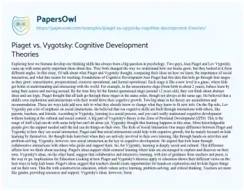 Essay on Piaget Vs. Vygotsky: Cognitive Development Theories