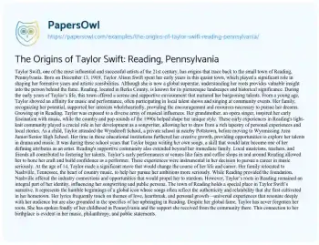 Essay on The Origins of Taylor Swift: Reading, Pennsylvania