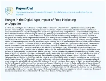 Essay on Hunger in the Digital Age: Impact of Food Marketing on Appetite