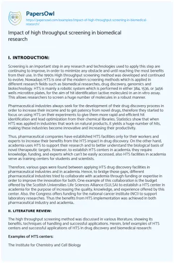 Essay on Impact of High Throughput Screening in Biomedical Research