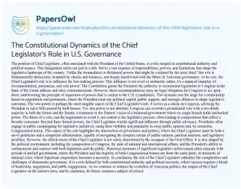 Essay on The Constitutional Dynamics of the Chief Legislator’s Role in U.S. Governance